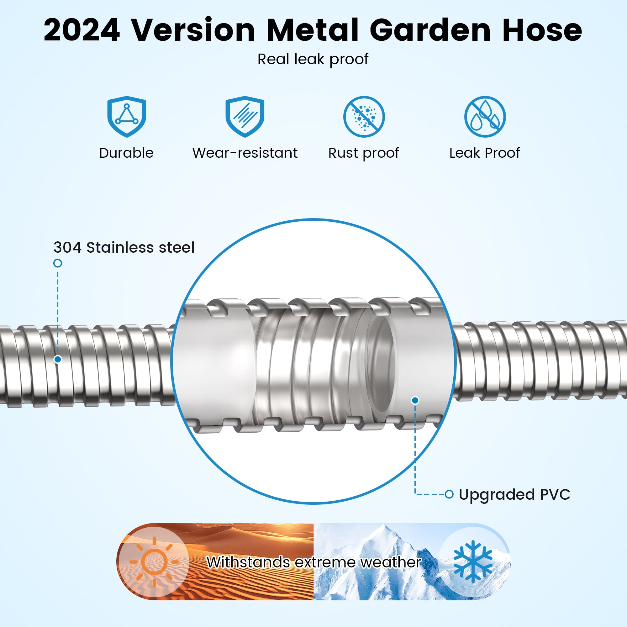 OHHANI Stainless Steel Hose, 50 ft x 5/8", Garden Hose with 10-Function Sprayer, No Kink