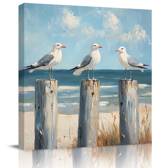 Wall Art Prints, Beach Seagull Framed Canvas Prints for Bedroom Living Room Bathroom Office, Summer Ocean Birds Blue Oil Painting Gallery Wrap Wall Art Poster for Gifts Home Decor 8"x8"
