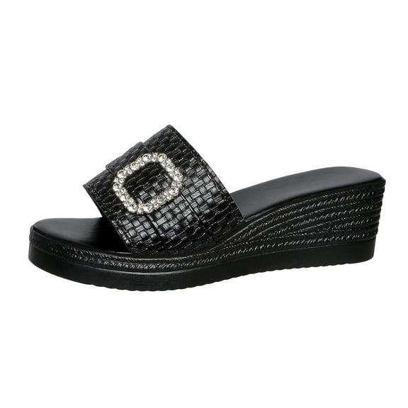 hlysgo Women's Croc Embossed Open Toe Wedge Heel Mule Slides Rhinestone Square Buckle Elegant Daily Sandals Black 5.5
