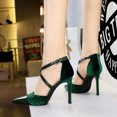 thumbnail image 2 of Zapatos de tacón fino y poco profundo para banquetes, sandalias con punta afilada de terciopelo y cinturón cruzado, zapatos de tacón clásico para boda para mujer, 2 of 5