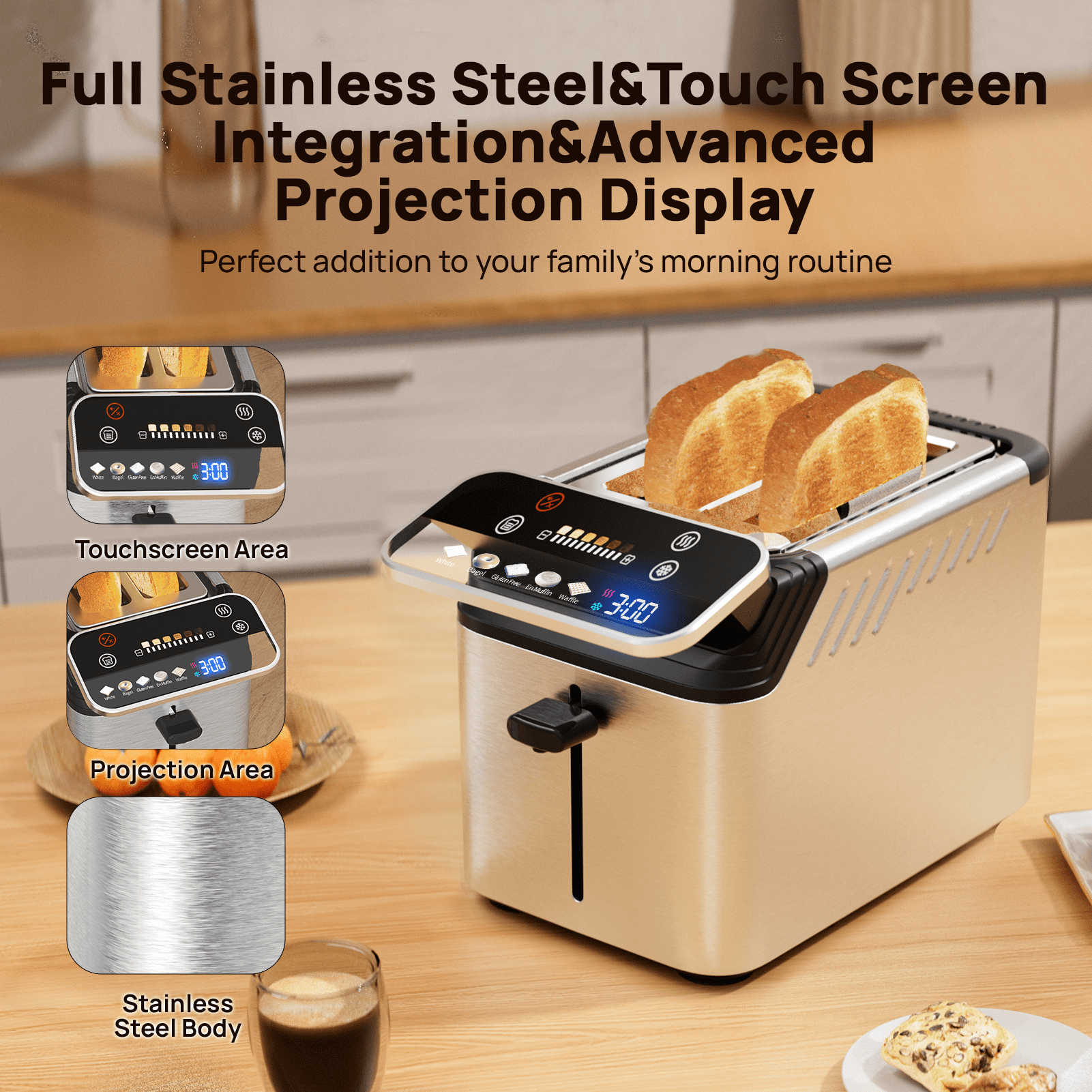 WHALL 2 Slice Toaster, Touch Screen Toasters with Projection Display, wide slots, Bagle / Reheat/Defrost Stainless Steel