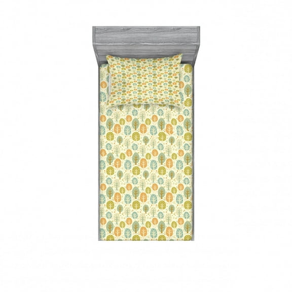 Ambesonne Forest Fitted Sheet & Pillow Sham Set, Trees Hearts and Flowers, Twinxl, Multicolor
