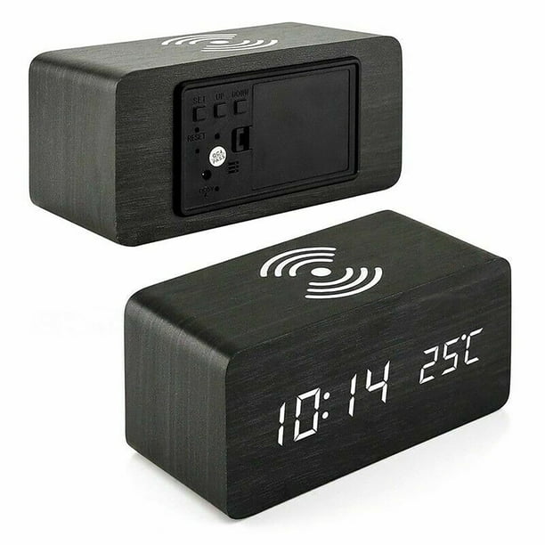 Multifuncional Madera Digital Led Escritorio Reloj Despertador Termómetro Cargador Inalámbrico Minnieouse HA024327-01