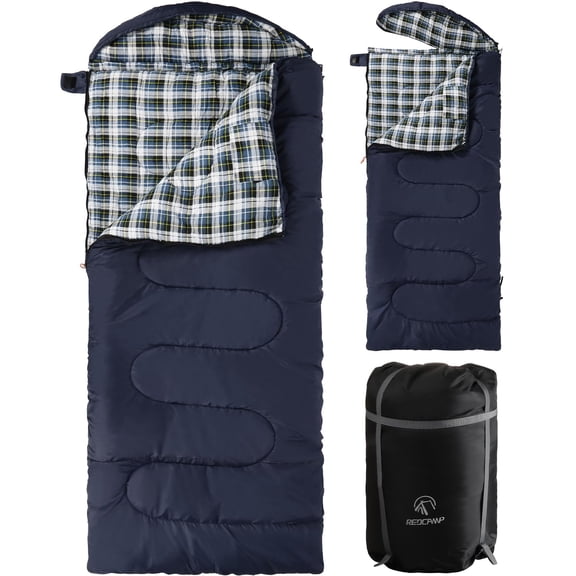 REDCAMP Flannel Sleeping Bag for Adults, Comfortable Cotton Sleeping Bags for Camping with Detachable Hood, Blue