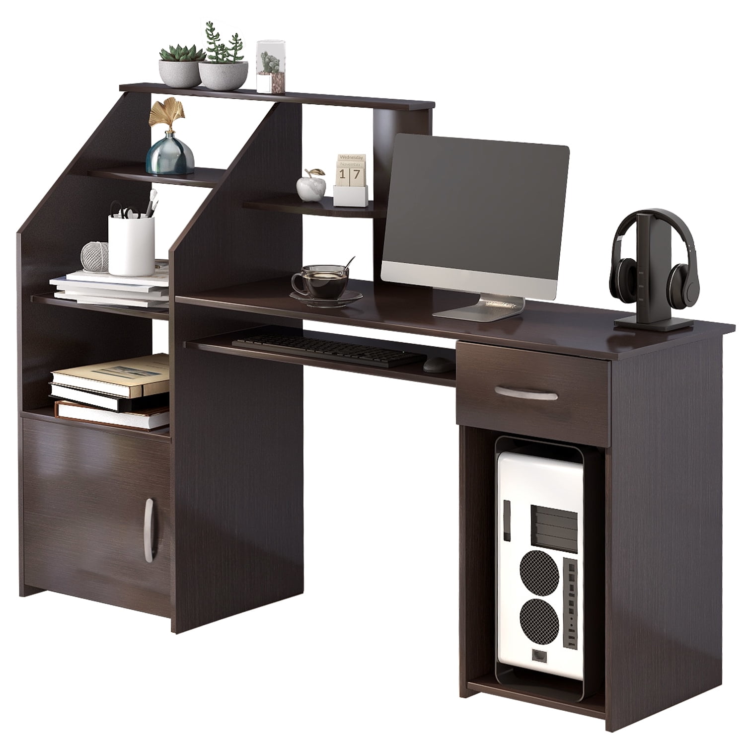 Kepooman Modern Multifunctional Computer Desk with Cabinet & Bookshelves & Keyboard Tray for Home Office Kepooman Modern Multifunctional Computer Desk with Cabinet & Bookshelves & Keyboard Tray for Home Office