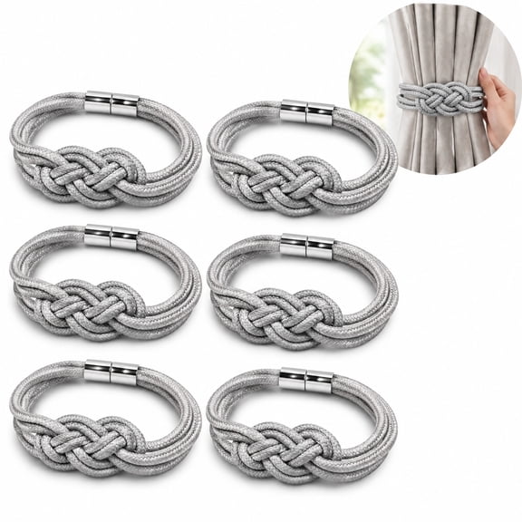 6 Pack Magnetic Curtain Tiebacks, 18.5 Inch Total Length Knotted Rope Curtain Holdbacks, No‑Drill Decorative Drape Tie Backs for Living Room Bedroom Window Curtains
