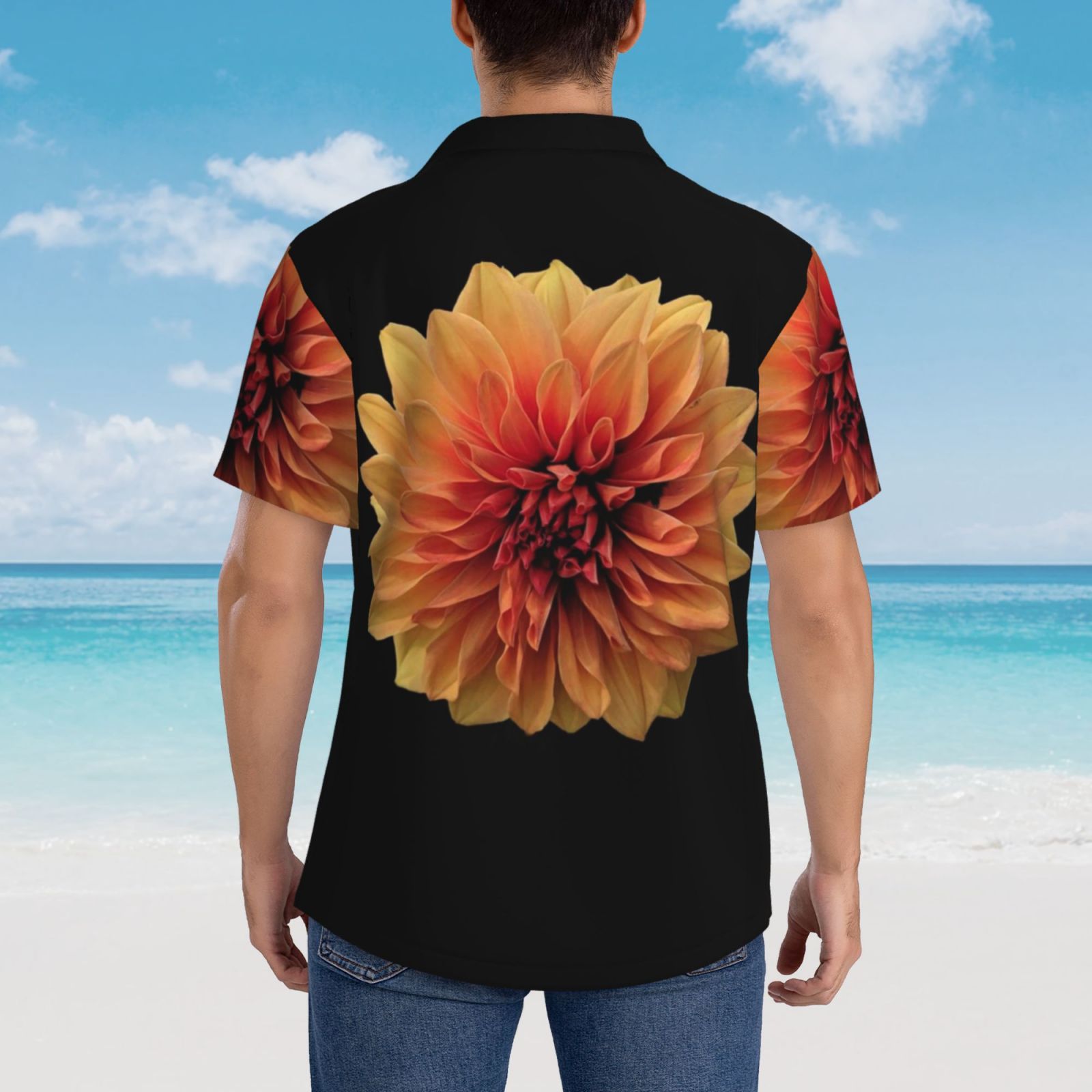 Logiee Orange Dalia Print Mens Hawaiian Shirts,Loose-Fit Short Sleeve Button Down Tropical Aloha Beach Shirt,Summer Vacation Wedding Tops,3X-Large