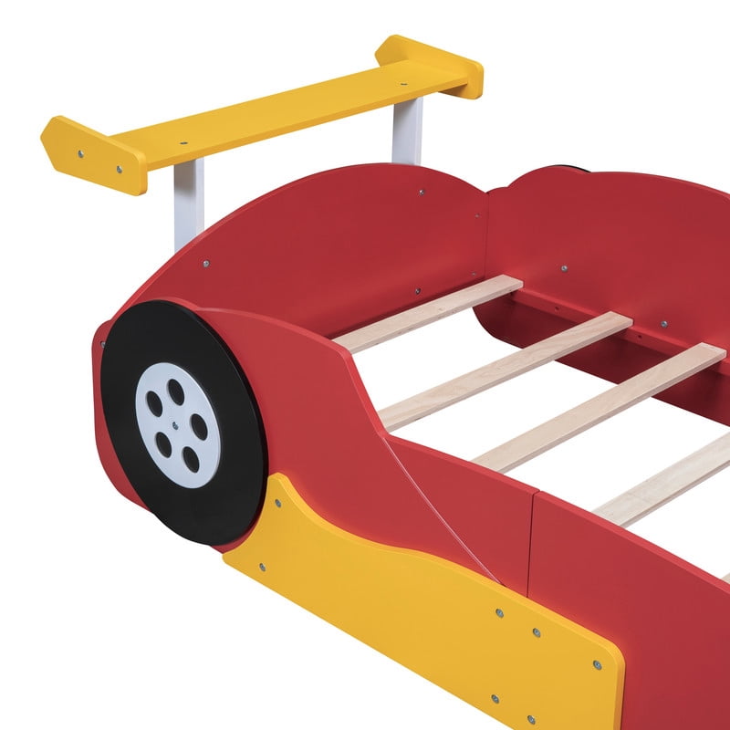 HICOMILA Twin Size Race Car-Shaped Platform Bed with Wheels, Car Bed Frame for Boys Girls, Wooden Twin Floor Bed, Red