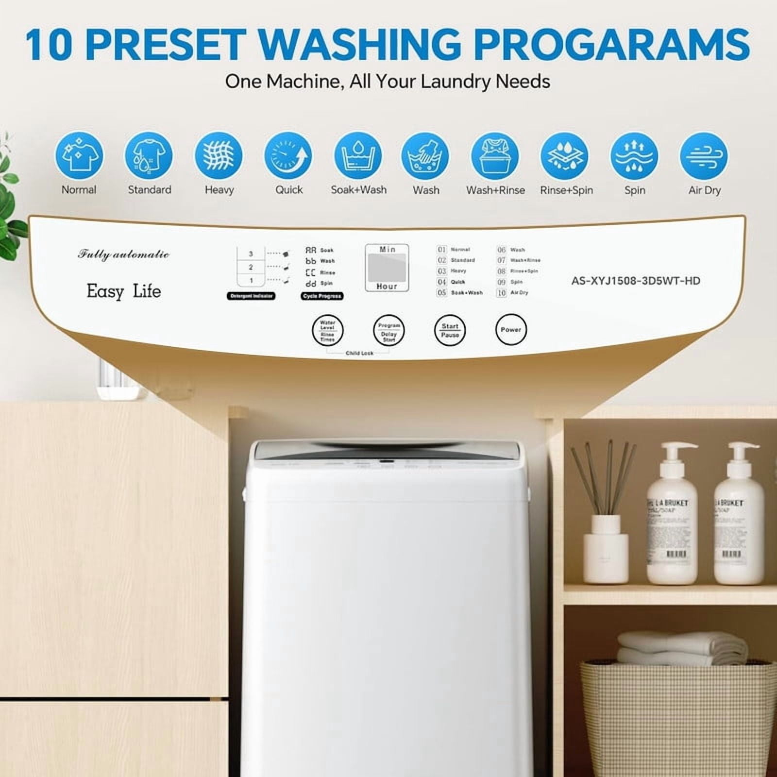 Simenmax Portable Washing Machine, 7.7 lbs Compact Laundry Washer with Stainless Steel Drum, 10 Wash Cycles & LED Display for Home, Apartment, Dorm, RV,White