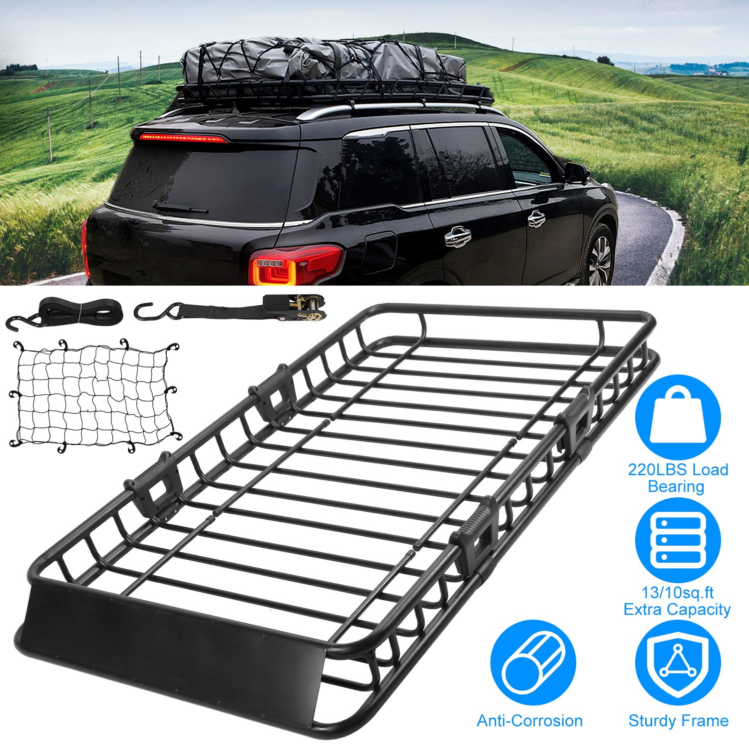 iMounTEK 64 Universal Roof Rack Cargo Carrier Extension Car Top Luggage  Basket Black Holder with Net and Hook 