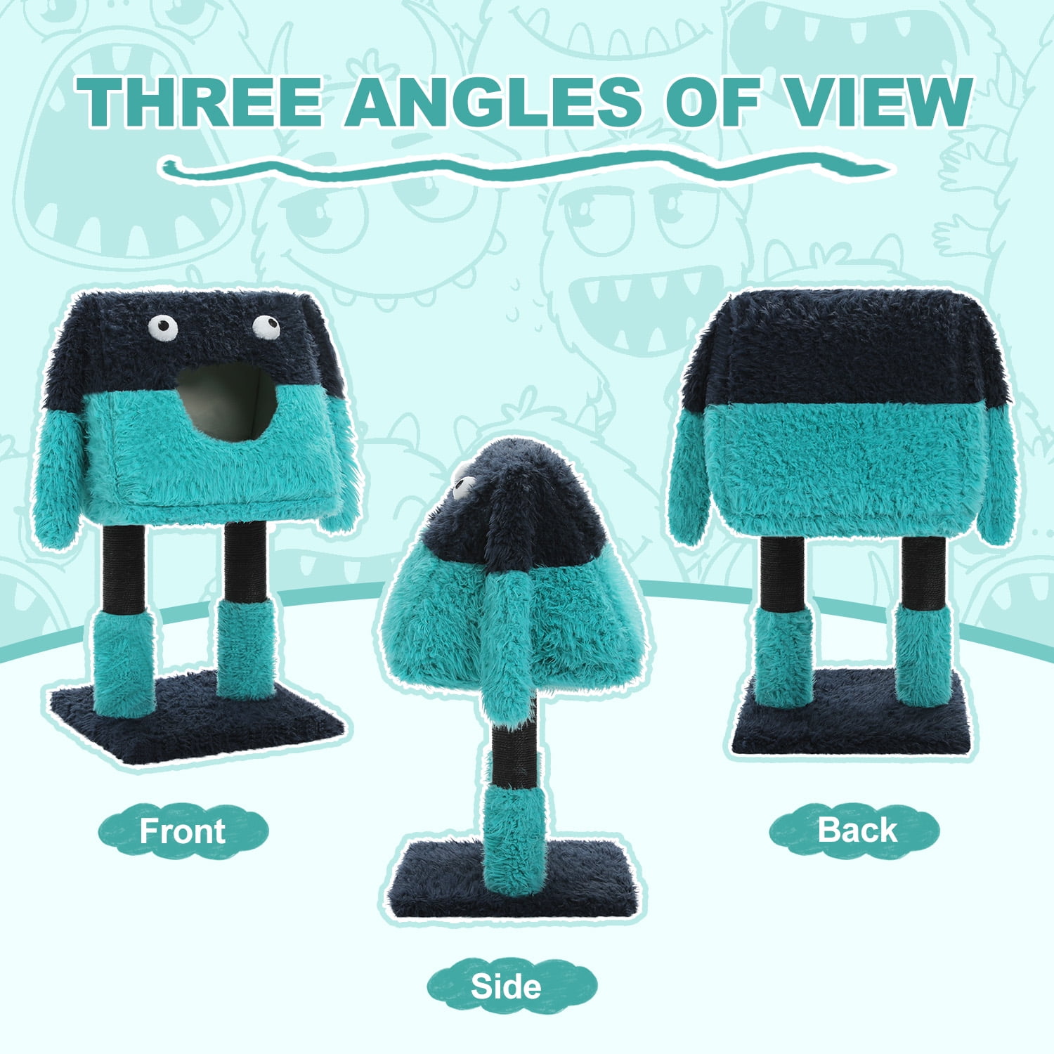 Pefilos 28" Tall Cartoon-Themed Cat Tree, 2 in 1 Cat Scratching Post with Condo, Artistic Modeling Playing Tower with a Soft Removable Cat Bed, Blue