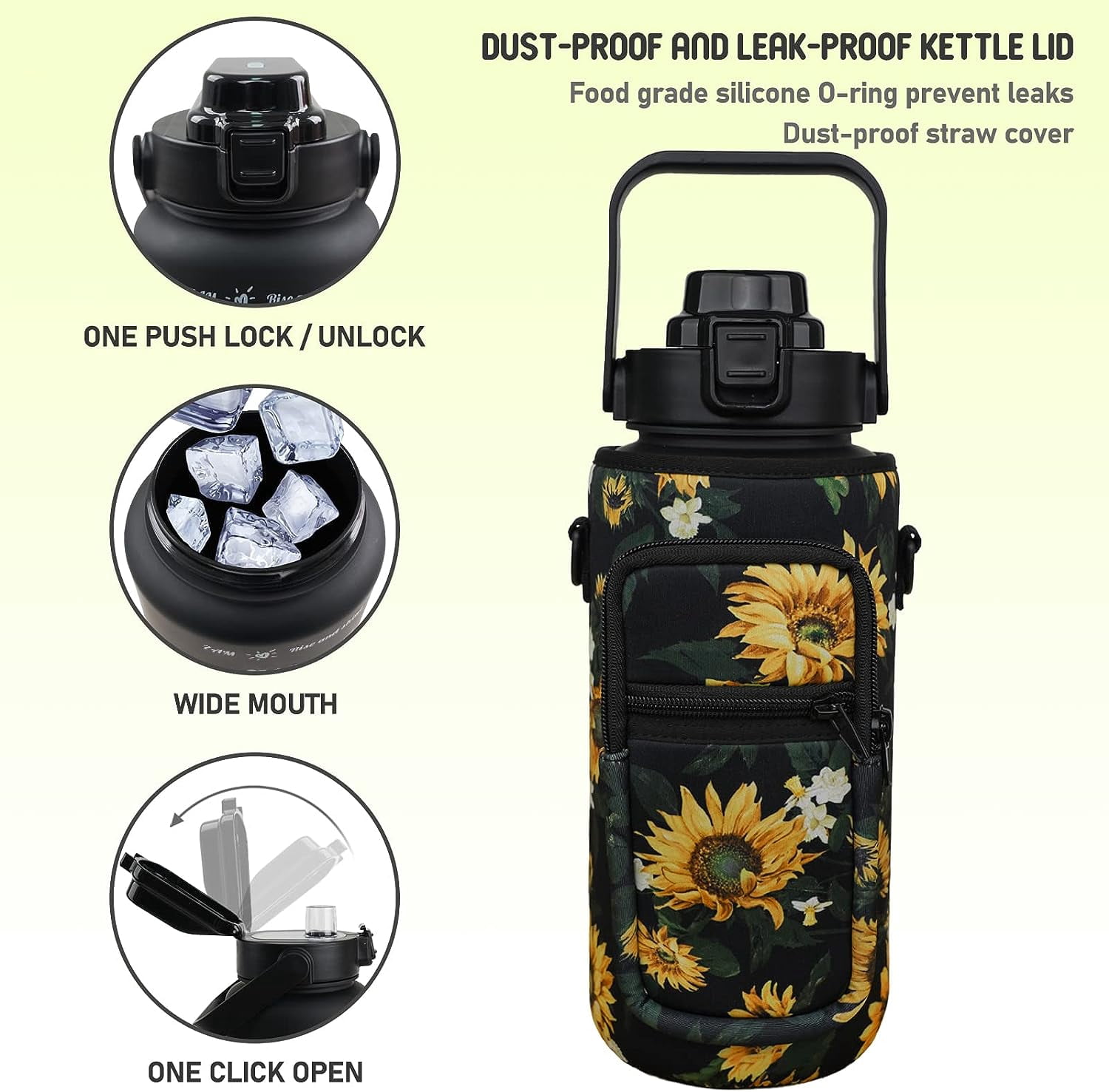 64 oz Sunflower Water Bottle with Sleeve BPA Free Half Gallon Water Jug with Straw and Time Marker, Motivational Gym Workout Pregnancy Water Bottles Gifts for Women