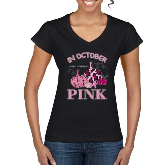 Wild Bobby In October We Wear Pink Pumpkin Cheetah Print Breast Cancer Awareness Women Standard V-Neck Tee, Black, Small