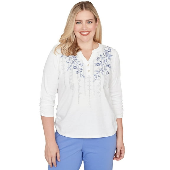 Alfred Dunner Womens Geometric Floral Ruched Henley Top