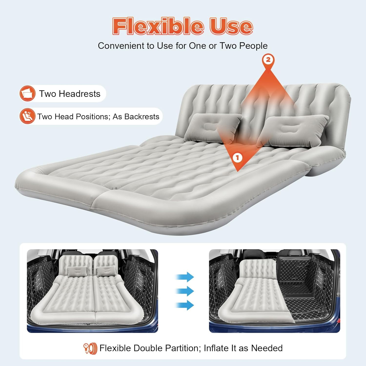 SUV Air Mattress Camping Bed Cushion Pillow Portable Inflatable Car Air Bed with Inflatable Pump Soft Flocked Surface Sleeping Pad Mattress for Car Road Trips & Outdoor Camping (Grey)