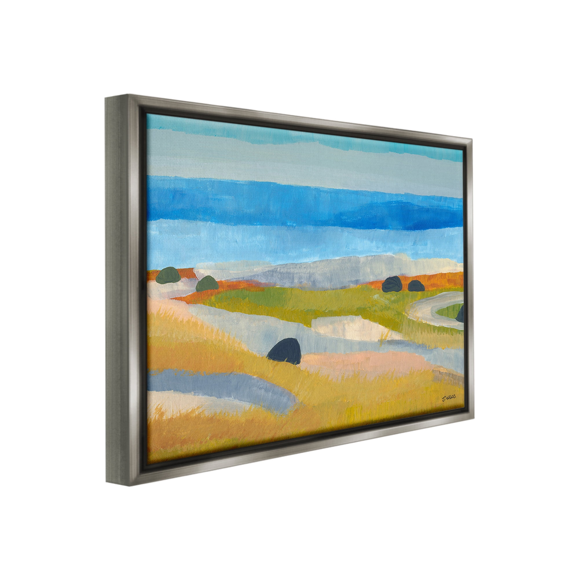 Stupell Industries Abstract Grassland & Beach Landscape Painting Gray Floater Framed Canvas Art Print Wall Art, 21 x 17