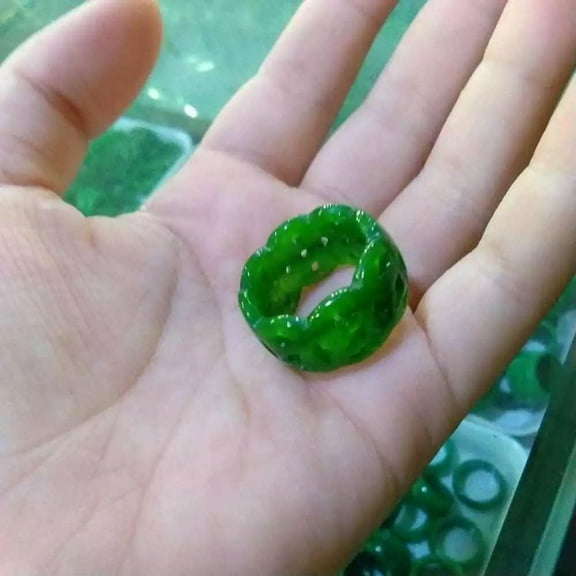 K-KED Real Chinese Green Jade Ring Band Genuine Grade A Size 9-10 Women Classic