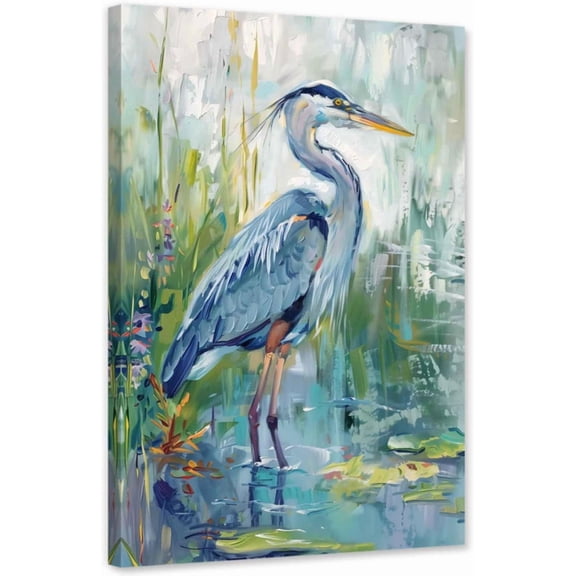 ZHONGYUTONG Blue Heron Canvas Wall Art Sea Bird Pictures Wall Decor Egret Beach Animal Painting for Bathroom Living Room Decor Framed (12.00" x 18.00")