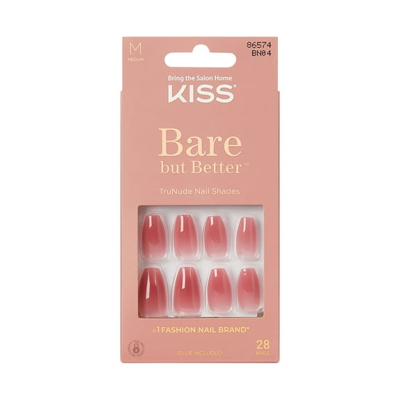 KISS Bare but Better Press On Nails, Glossy Pink, Medium Length, Coffin Shape, 28 Ct.