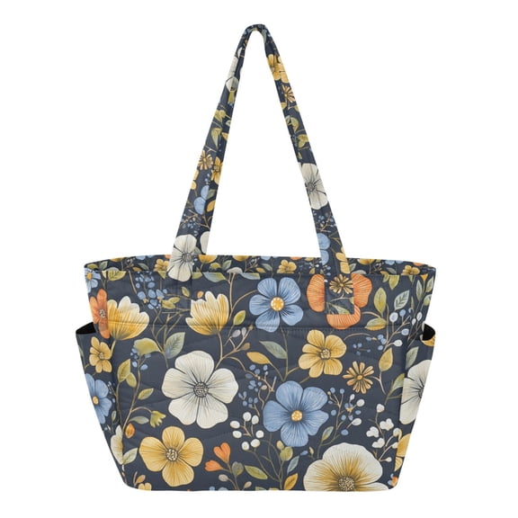 FORMRS Tote Bag for Women Quilted Large Capacity Travel Work Carry On Shoulder Handbag, Navy Floral Pattern