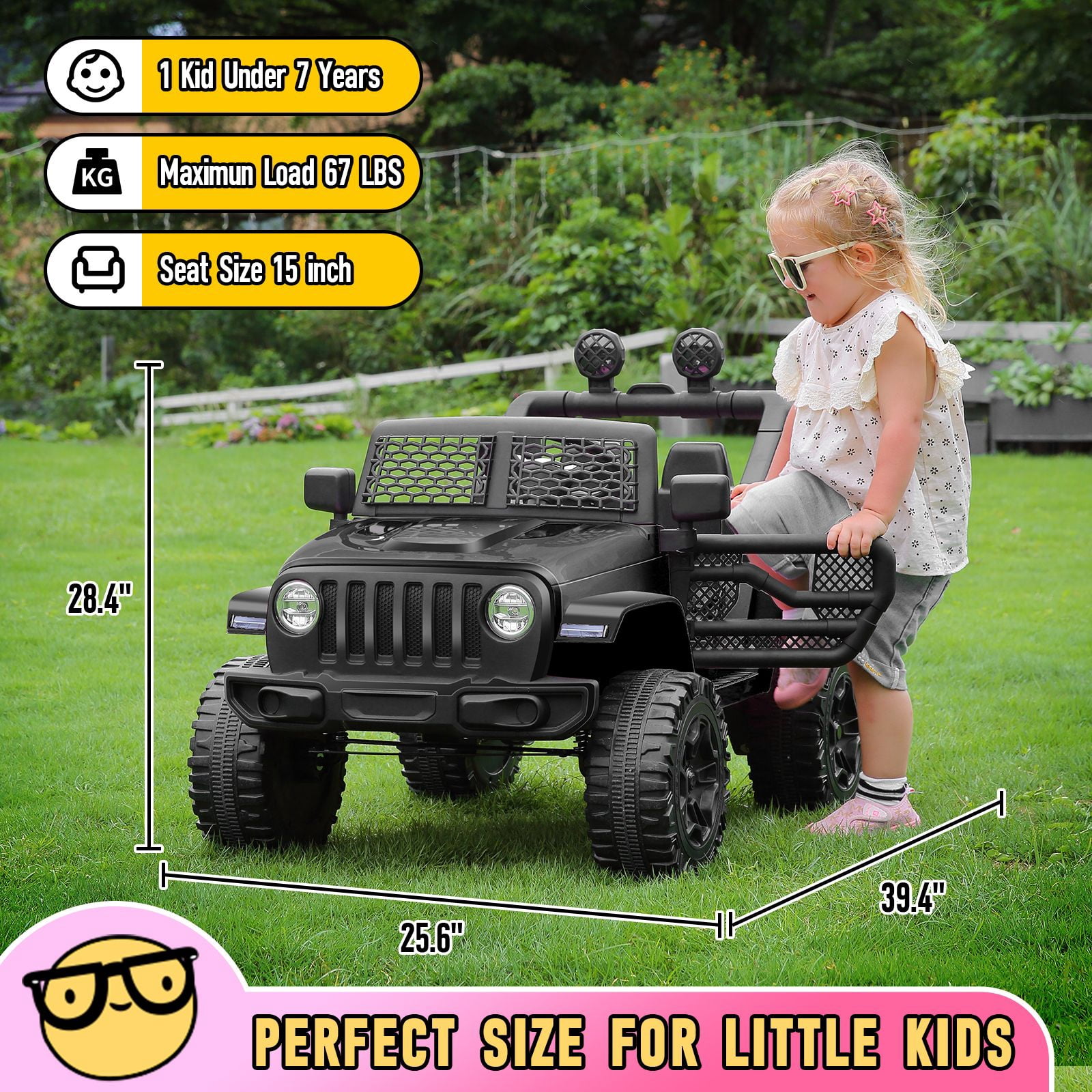 Funcid 12V 7AH Kids Powered Ride on Truck Car with Parent Remote Control, Bluetooth Music, Spring Suspension, LED Lights - Black