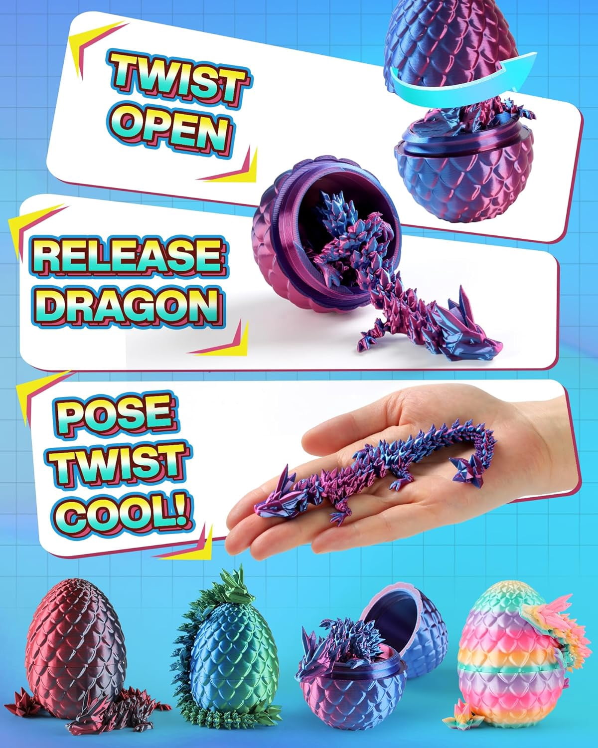 8" 3D Printed Dragon Eggs, Mystery Crystal Dragon Egg for Easter Basket Stuffers, Unique Easter Toys & Decor, Fantasy Tabletop Decor for Kids & Collectors (4 Pack)