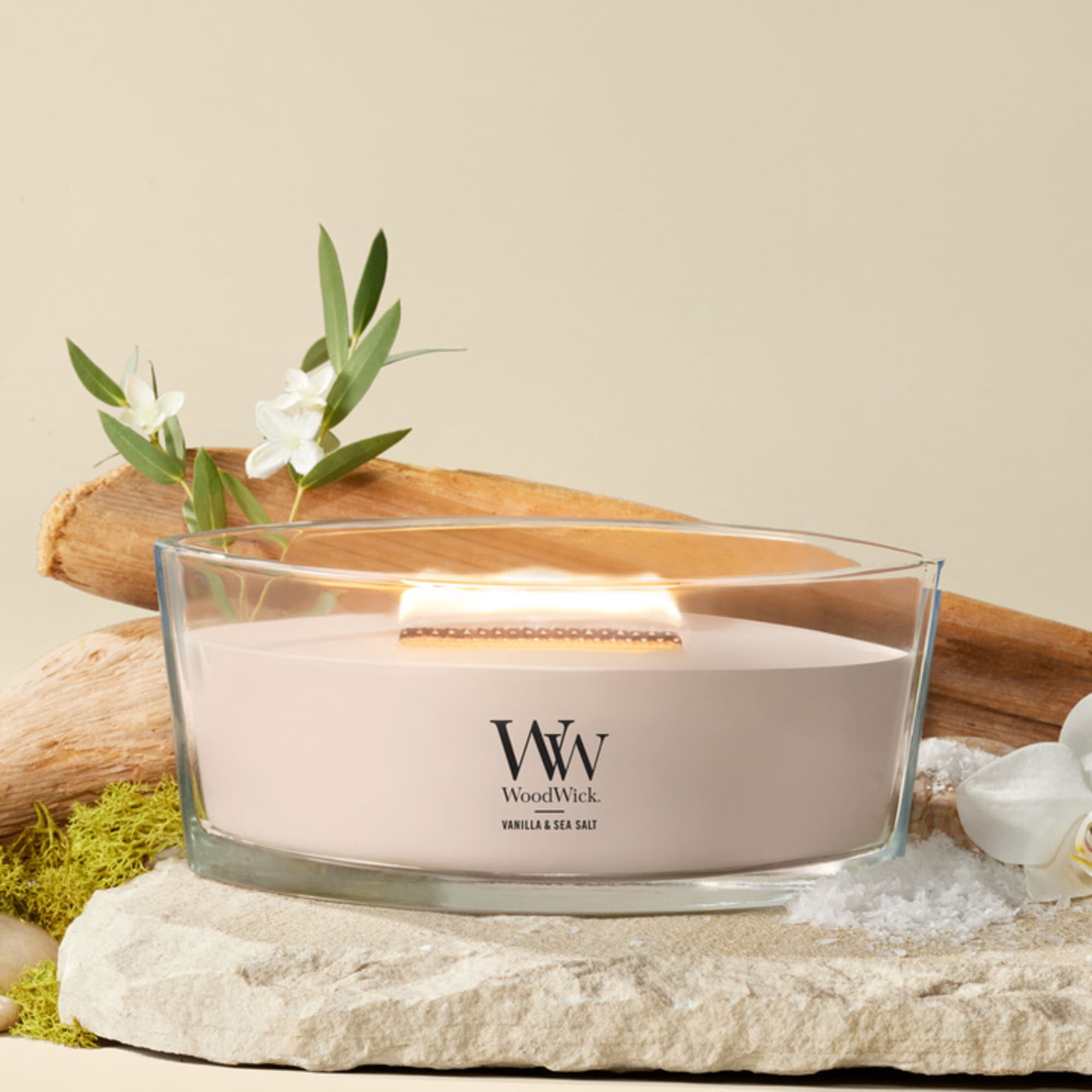 (2 pack) WoodWick Ellipse Scented Candle, Vanilla & Sea Salt Scent, Crackles as it Burns, Up to 50 hours Burn Time, Premium Soy blend, Perfect for gifting, 16oz
