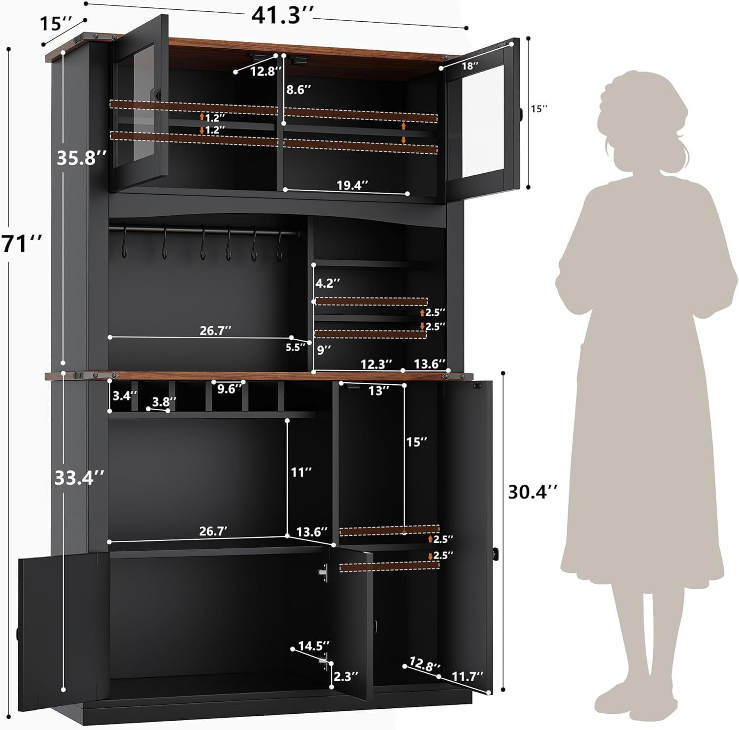 Einhomn 71" Tall Kitchen Pantry Cabinet with Charge Station, 3 Adjustable Shelves, Wine Rack and Glass Door, Black
