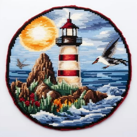 Latch Hook Round Rug Kits Lighthouse Sun Seagull for Beginner Needle Crochet Yarn Kits Embroidery Carpet Hook and Latch Kit Tapestry Christmas Home Decoration 45x45cm