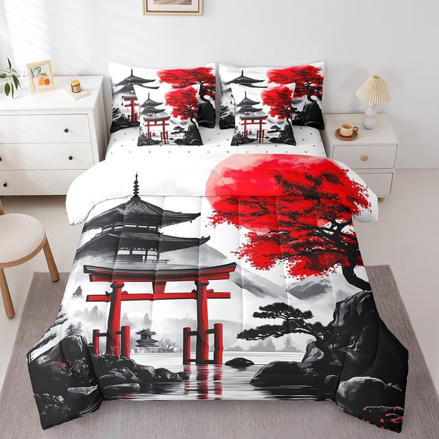 Erosebridal Japanese-Style Bed in a Bag Full size, Red Maple Tree Bed Set, Watercolor Ink Decor, Reversible 7pcs