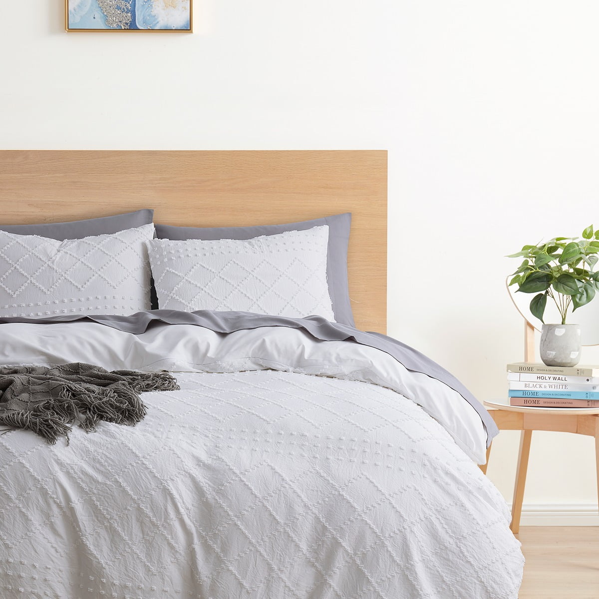 Nestl Boho 3 Piece Duvet Cover Set, Tufted Embroidery Double Brushed Duvet Cover with Button Closure with 2 Pillow Shams, King (90"x104") - White