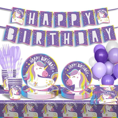 92-Piece Set Unicorn Themed Party Supplies | Disposable Paper Plates, Cups, Tableware Set | Child Cartoon Birthday Party Supplies Props