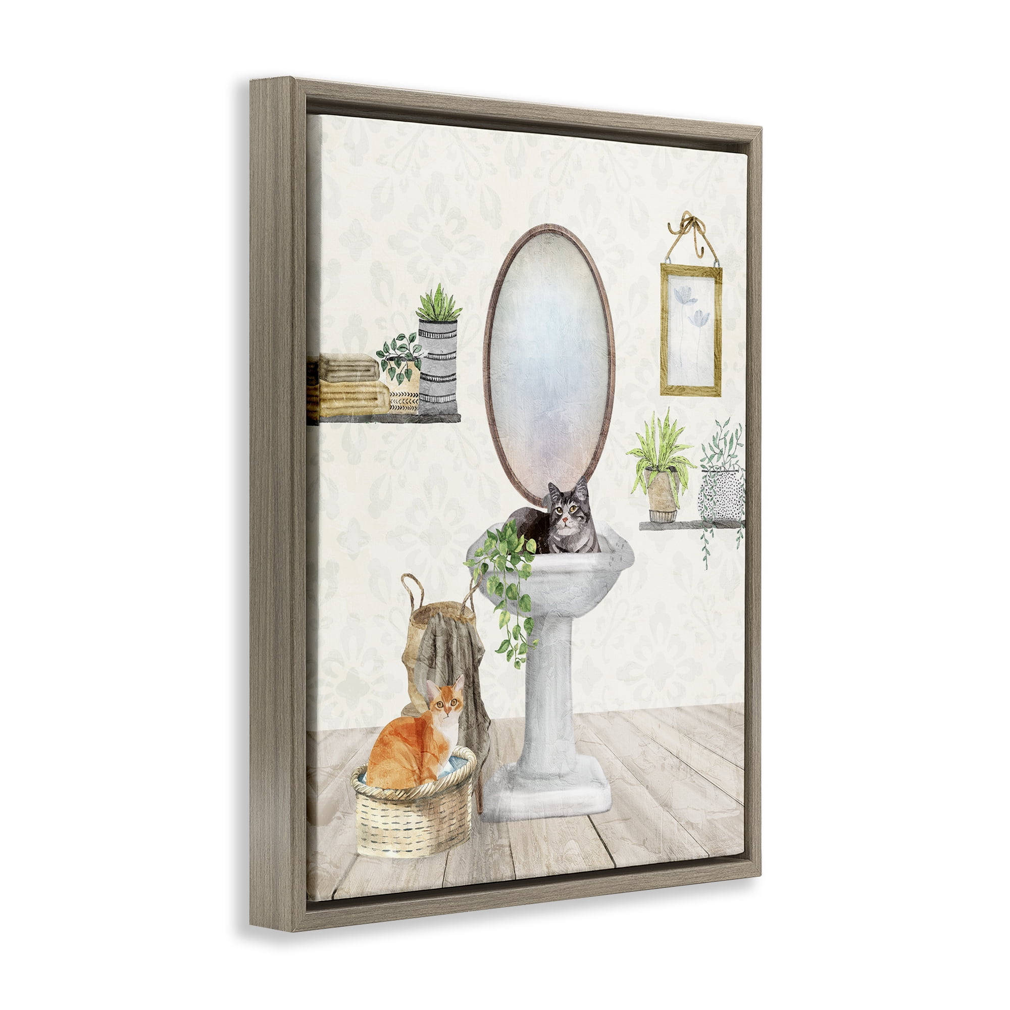 Stupell Industries Cats in Bathroom Scene Bath & Laundry Painting Brown Floater Framed Canvas Art Print Wall Art, 17 x 21
