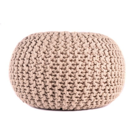 Knitted Poofs MystiqueDecors Hand Knitted Pouf Beige Round Cotton Dori Braided Floor Ottoman Comfortable Seat Footstool ()