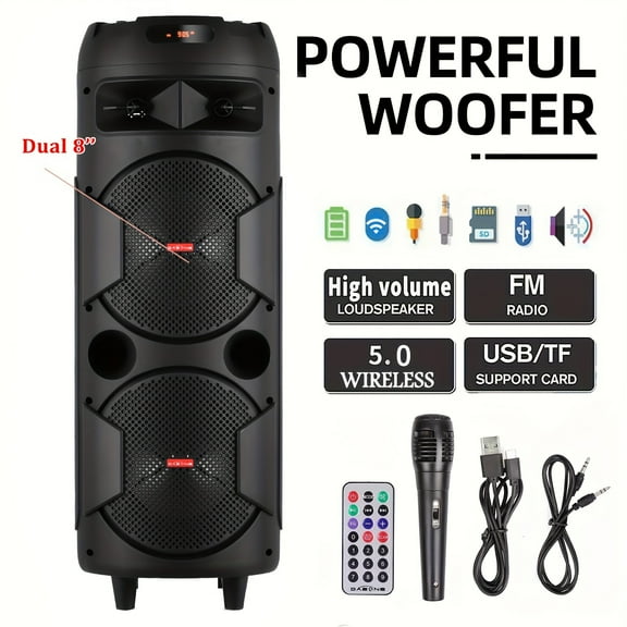 Portable Wireless PA Speaker System - Built In Rechargeable 1800mAh Battery Outdoor Wireless Party Speaker Portable PA System W/ Subwoofer, Wired Micphone, Party Lights, USB/AUX/FM Radio DJ