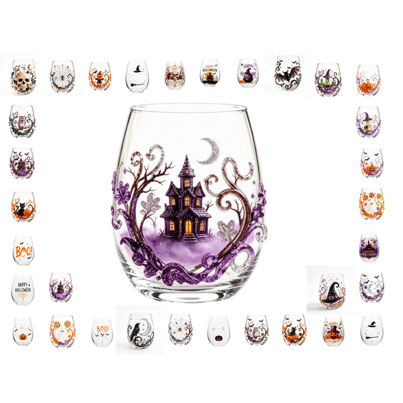 Halloween Artisan Glassware Collection, Handcrafted Mixed 2D Flat & 3D Relief Halloween Glass Cup, Witch Ghost Pumpkin Black Cat Textured Design, Multipurpose Clear Glass (D)