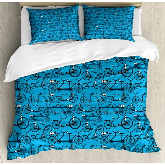 Bicycle Queen Size Duvet Cover Set, Antique Cartoon Style Bikes on Blue Background Retro Pattern with Wheels, Decorative 3 Piece Bedding Set with 2 Pillow Shams, Blue Black and White, by Ambesonne