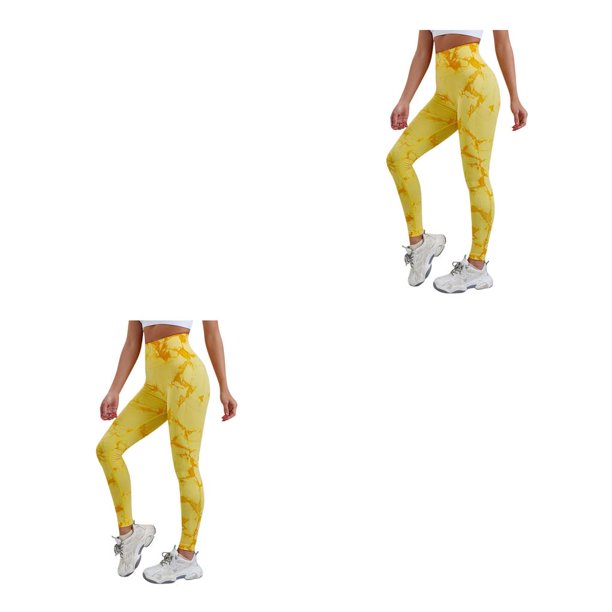 Minnieouse Mujeres Butt Leggings Tie Dye Pantalones largos sin costuras Push Up Hip Lift Pantalones de chándal de cintura alta Medias para correr Amarillo XS 2piezas