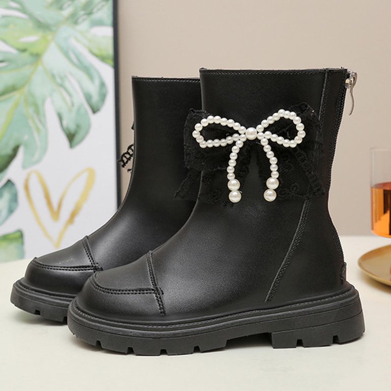 Dxzfnsa Girls Toddler Bow knot Ankle Boots Low Chunky Heel Side