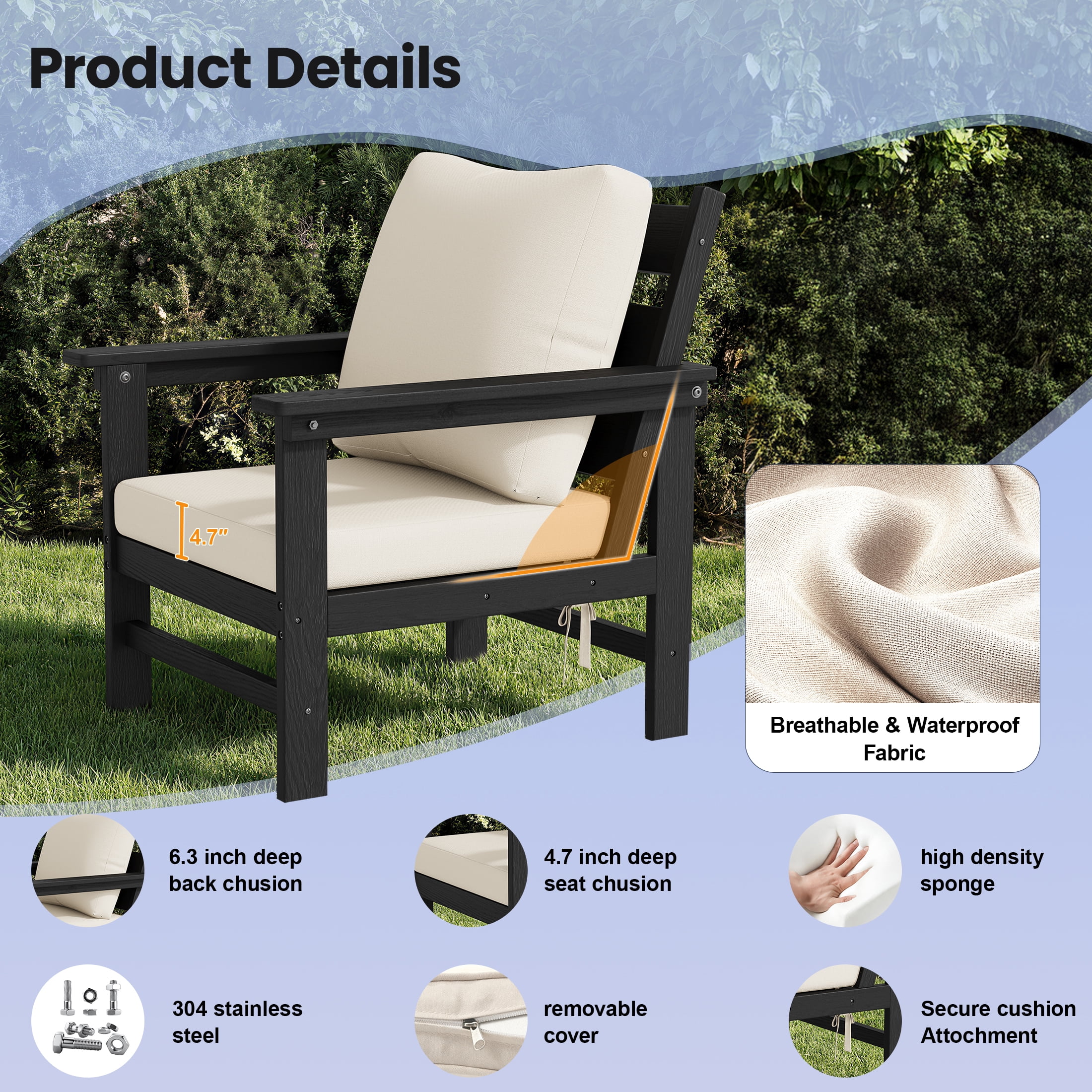 UDPATIO HDPE Patio Conversation Set, 6-Piece Sectional Outdoor Furniture Set, All-Weather Outdoor Couch Set for Deck, Lawn, Black Frame with Beige Cushion