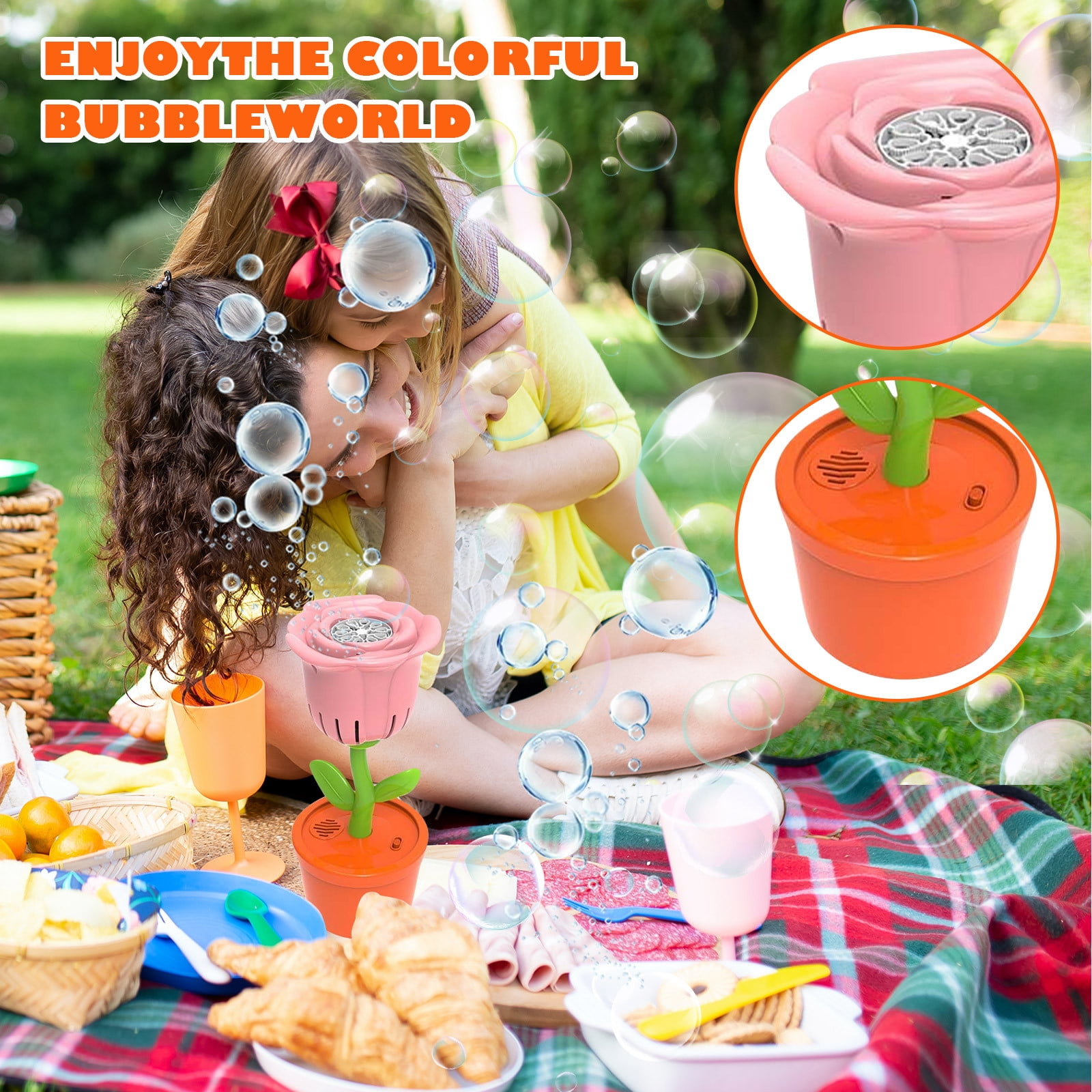 Flower Bubble Blower, Automatic Bubble Machine with Lights Music and 40ml Bubble Solution, Rechargeable Bubble Maker for Party Wedding Carnival Events (Pink)