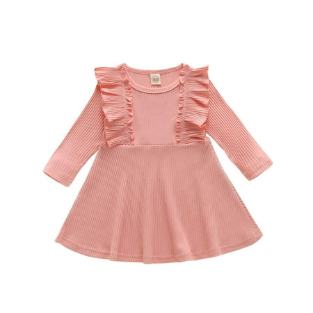

Toddler Baby Girl Ribbed Dress Ruffle Solid Round Neck Long Sleeve Cotton Sundress Kids Casual Spring Fall Dresses(Pink 6-12 Months(80))