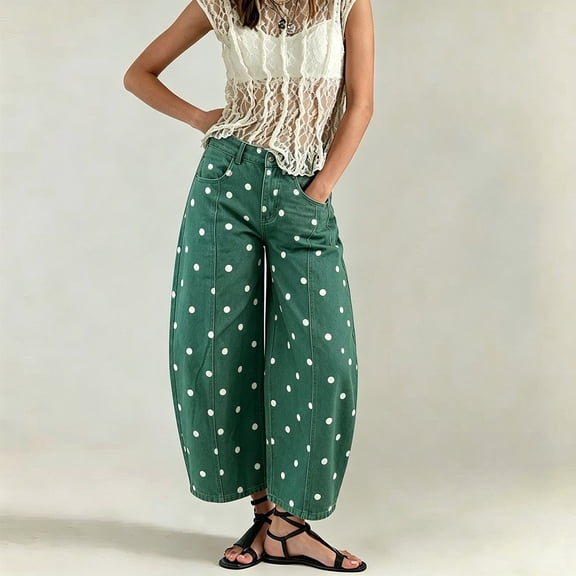 Yuaguia Women's Polka Dot Barrel Jeans, Mid Waist Wide Leg Cropped Pants, Casual Vintage Loose Fit Denim Trousers with Pockets for Daily Wear, Spring Fall Fashion and Vacation, Dark Green M
