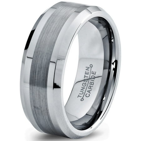 Ladies Tungsten Carbide Ring 8mm Silver Gray Grey Beveled Edge Brushed Polished Classic Tungsten Carbide Wedding Band Ring for Men Women Comfort Fit Engagement Anniversary ()