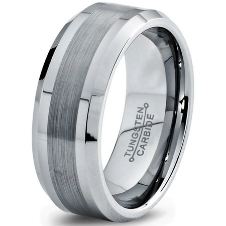 8mm Silver Gray Grey Beveled Edge Brushed Polished Classic Tungsten Carbide Wedding Band Ring for Men Women Comfort Fit Engagement