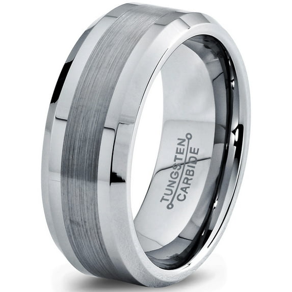 Charming Jewelers 8mm Silver Gray Grey Beveled Edge Brushed Polished Classic Tungsten Carbide Wedding Band Ring for Men Women Comfort Fit Engagement Anniversary Size 4.5
