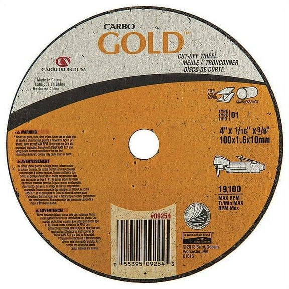 Carborundum Cut-Off Wheel, 4 in Dia, 1/16 in Thick, 3/8 in Arbor, 36 Grit Alumina Oxide - 1 EA (481-05539509254)