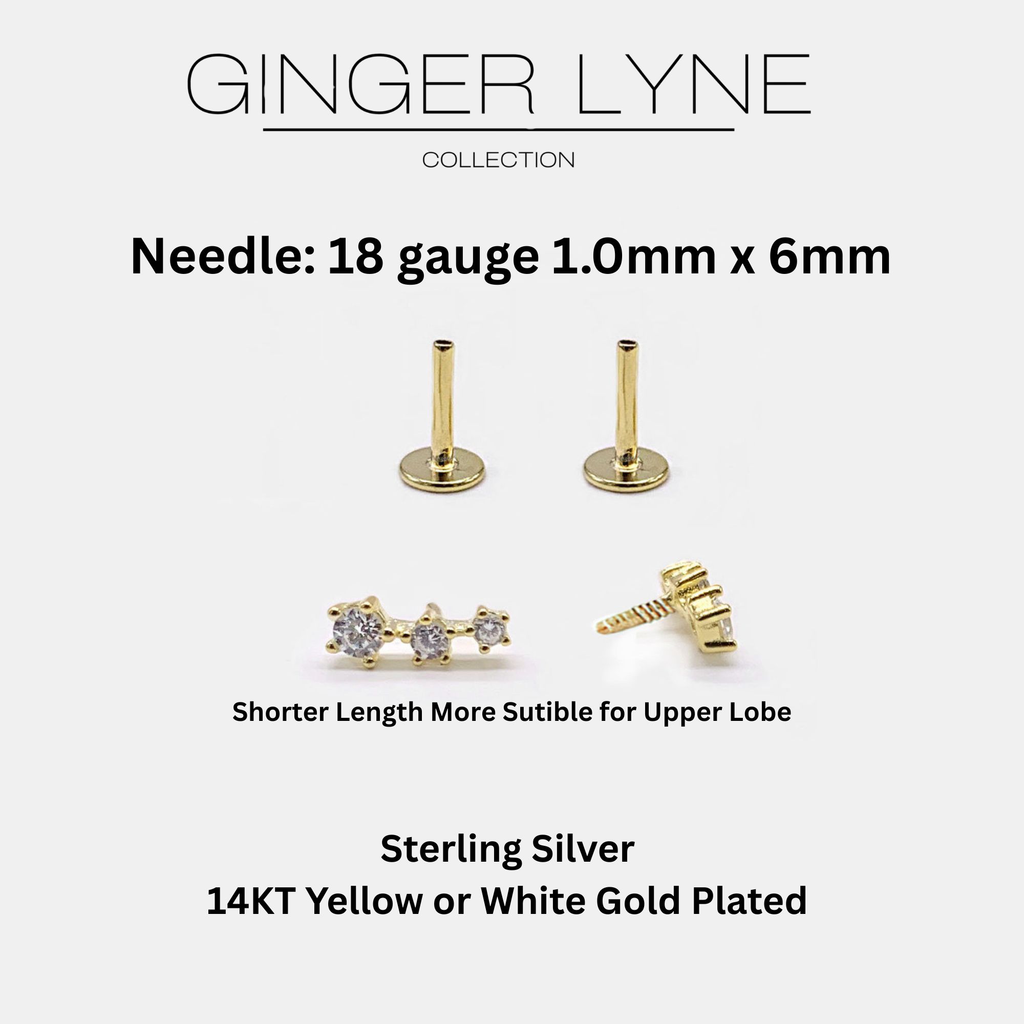 Graduated CZ Flat Back Earrings for Women Sterling Silver 18G 6mm Cartilage Helix Upper Lobe Body Piercing Ginger Lyne
