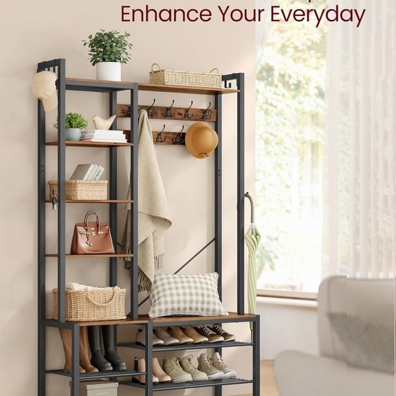 Hall Tree with Bench and Shoe Storage, Entryway Coat Rack with Shoe Bench, 5 Storage Shelves, 9 Coat Hooks, 6 Side Hooks, 15.7 x 47.2 x 74.8 Inches, Rustic Brown and Ink Black