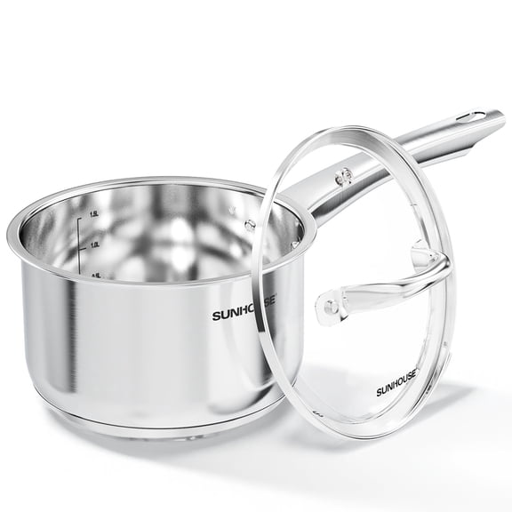Sunhouse 2 Qt Stainless Steel Saucepan with Glass Lid, Impact-Bonded Induction Base, Small Cooking Pot